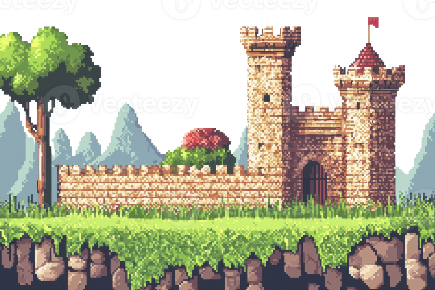 Pixel art fantasy castle with stone walls, red flag, and surrounding greenery, set against mountains in the background. png