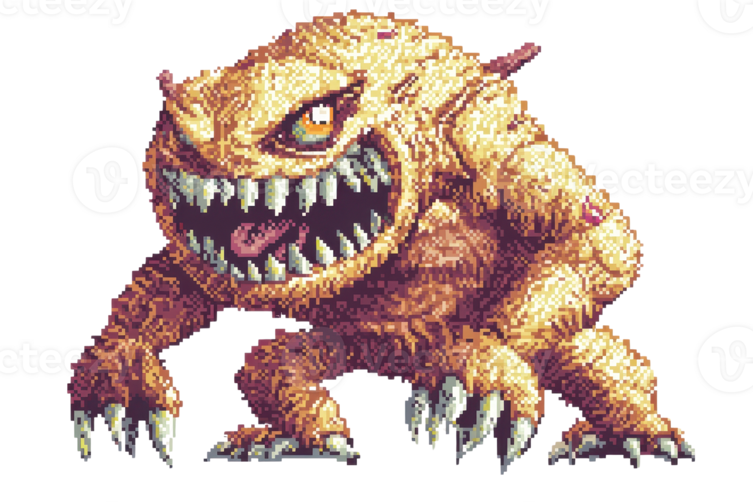 Pixel art of a fierce, monstrous creature with sharp teeth and claws, displaying a menacing expression on its face. png