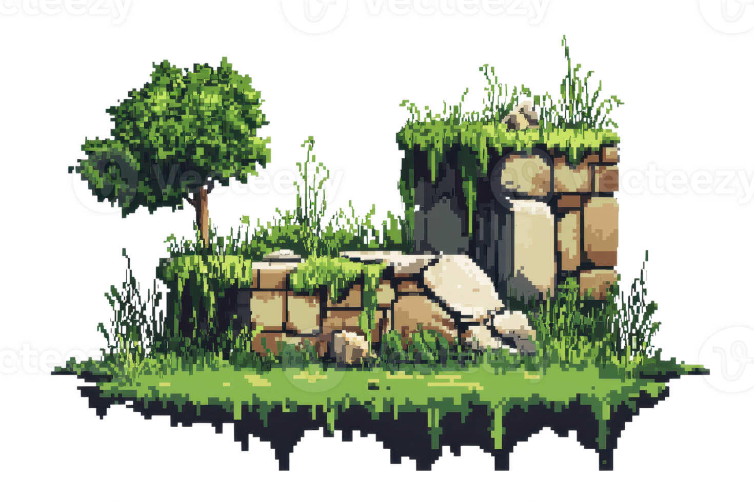 Pixel art of a floating island with greenery, moss-covered stones, and a small tree, creating a serene natural scene. png