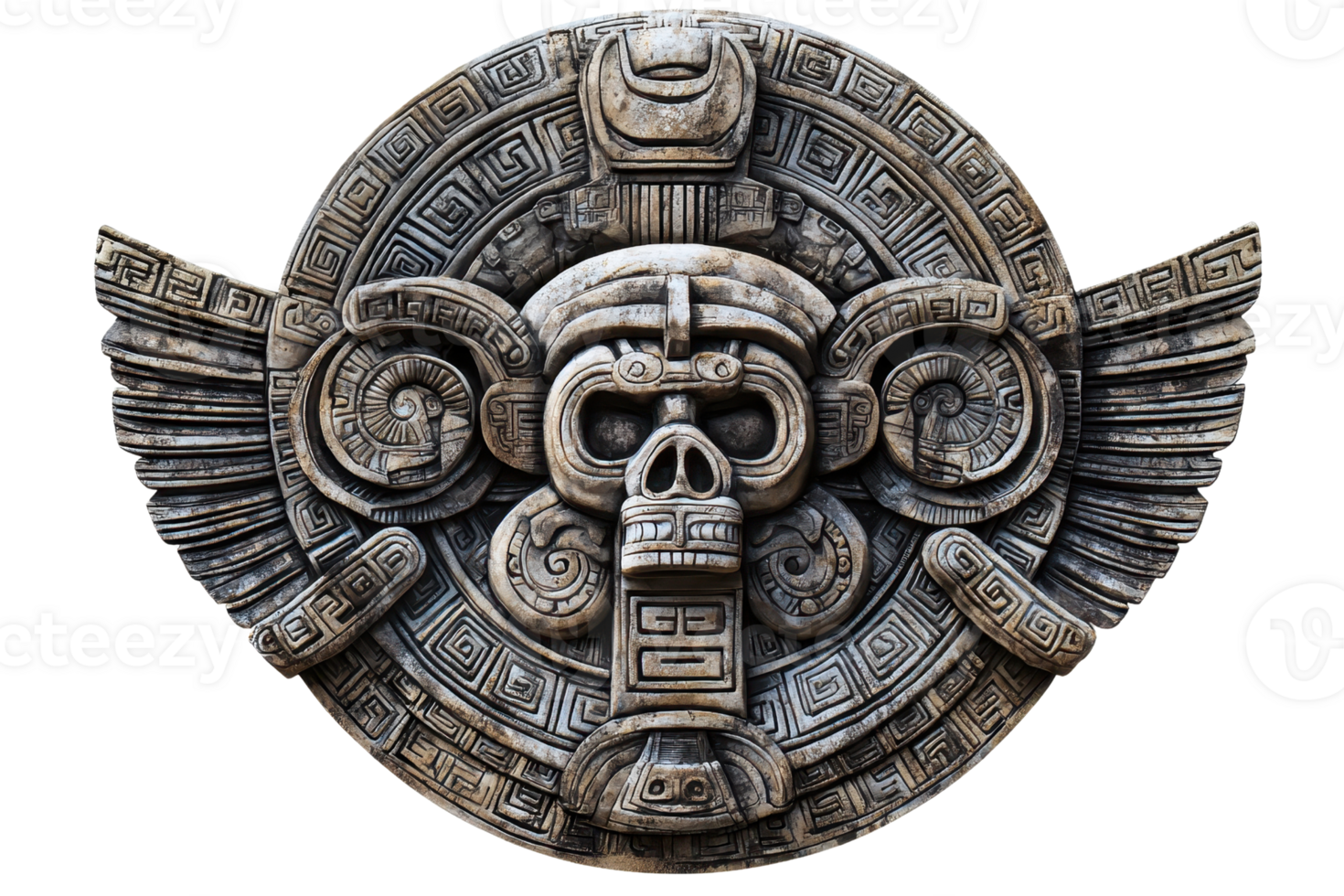 Intricate ancient Aztec stone carving with symbolic designs and detailed patterns, representing rich cultural and historical heritage. png