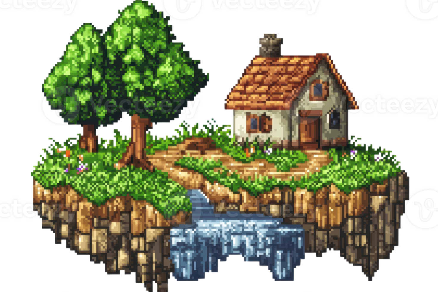 Pixel art of a cozy house on a floating island with a small waterfall, green trees, and lush grass, exuding a fantasy and magical vibe. png