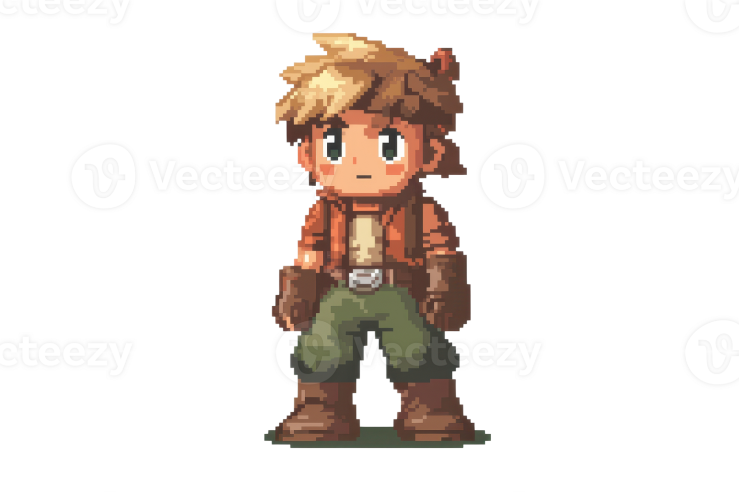 Pixel art of a brave adventurer with spiky hair and adjustable gear standing confidently on a transparent background. png