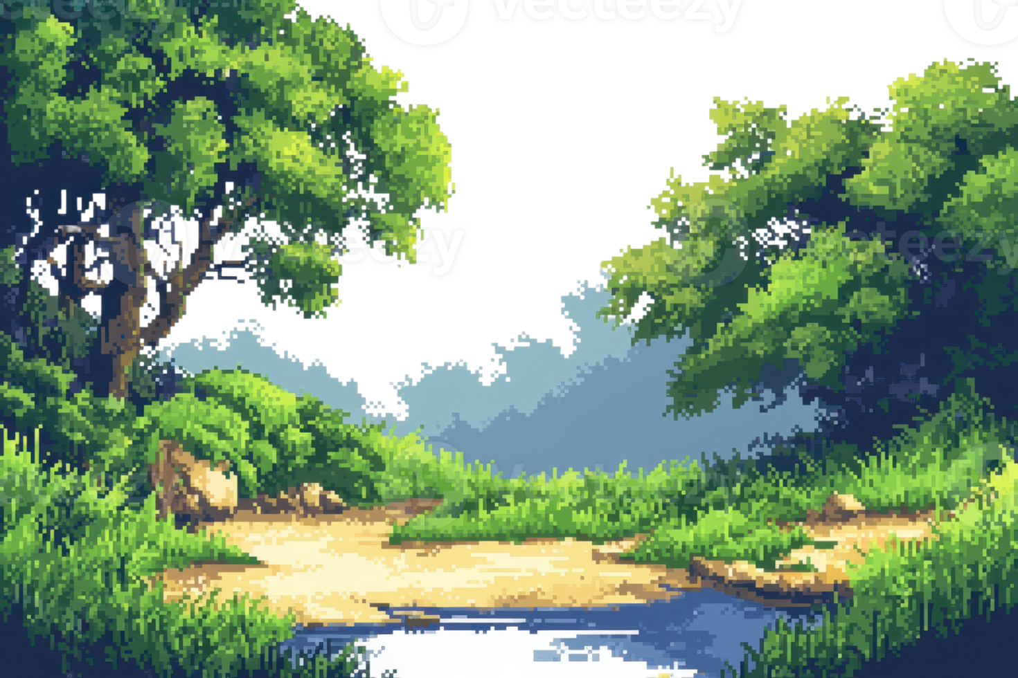 Pixel art forest scene with lush greenery, a path, and a serene river, evoking a nostalgic and peaceful ambiance. png