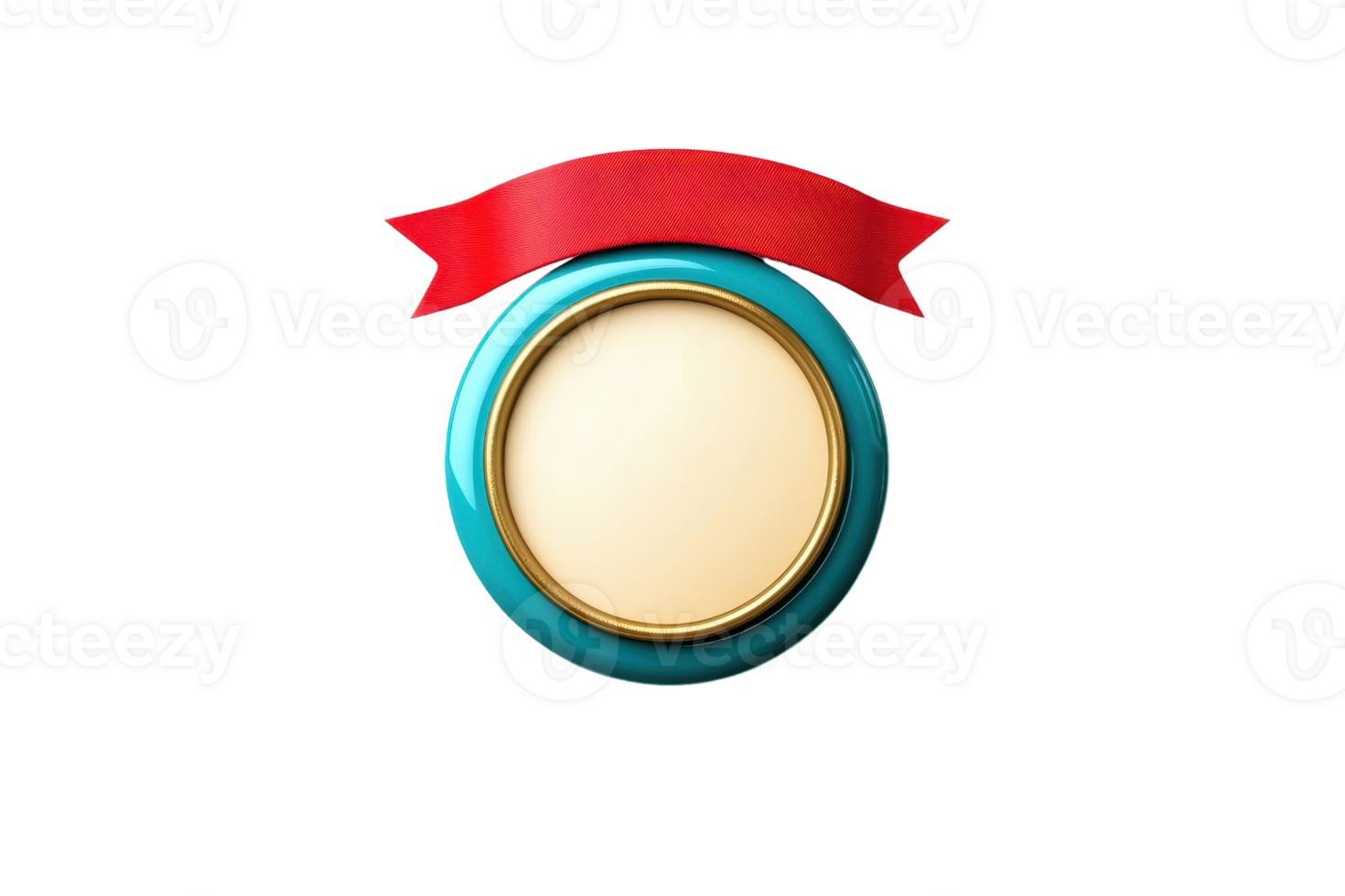 Round turquoise and yellow award medal with red ribbon, isolated on transparent background. Ideal for achievements, awards, and recognition concepts. png
