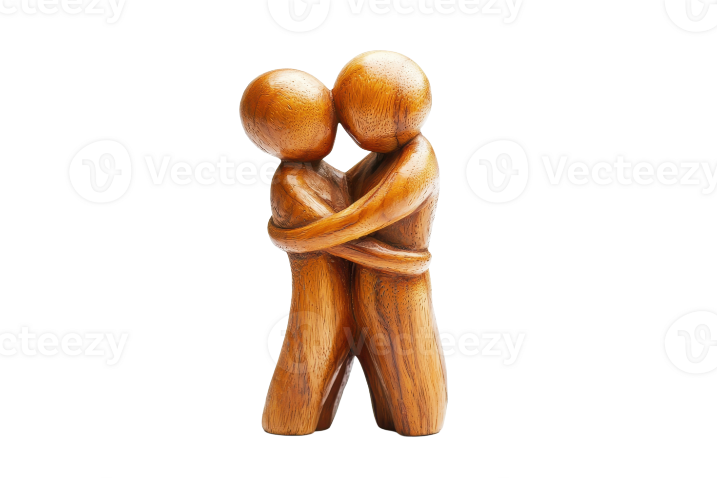 Wooden sculpture of two figures embracing, symbolizing love, connection, and unity on a transparent background. Handmade art piece showcasing affection. png