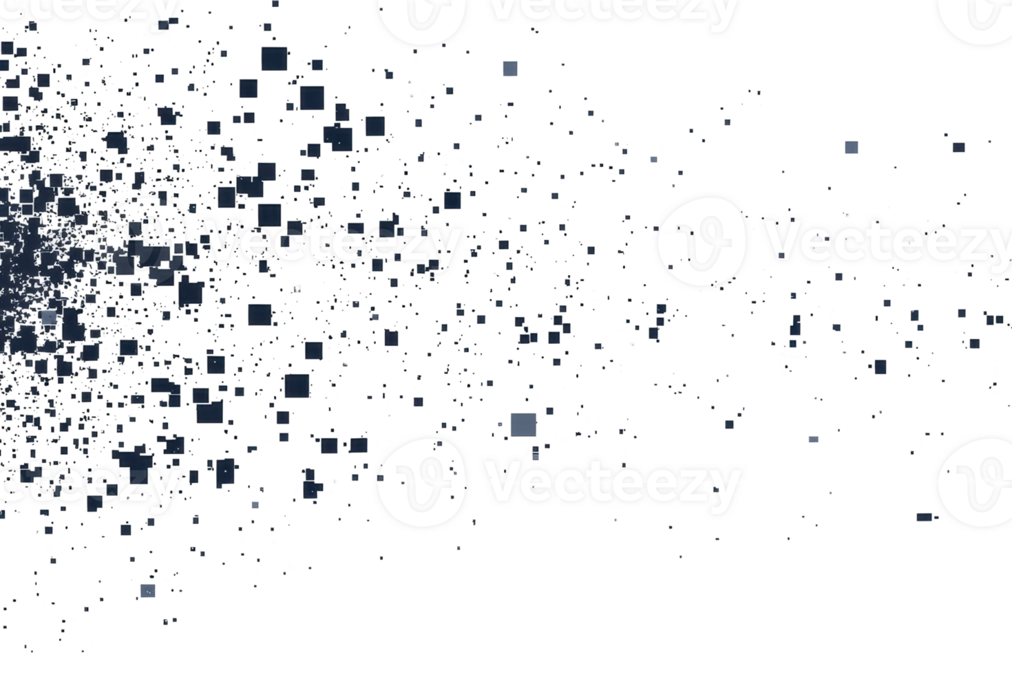 Abstract particle dispersion background, dark blue color with small squares, reflecting dynamic motion and digital technology concept. png