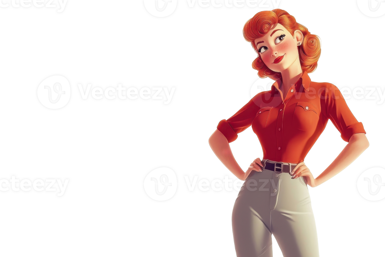 Illustration of a confident woman in a red shirt and grey pants, hands on hips, on a transparent background. Perfect for ads and promotions. png