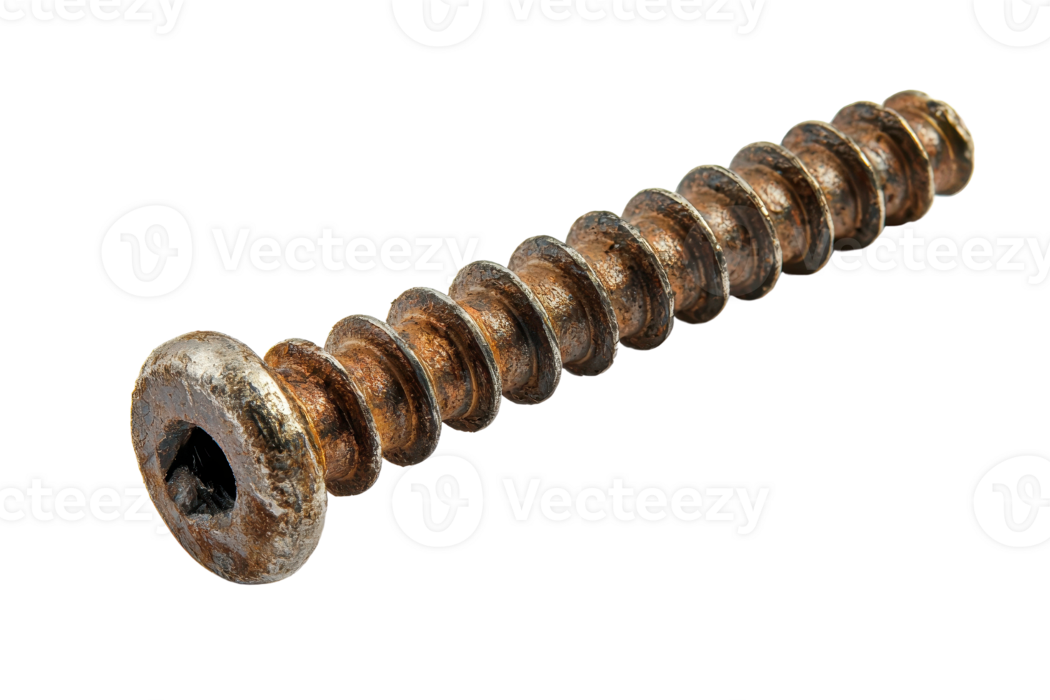 Close-up of a rusty screw isolated on transparent background. Perfect for industrial themes, construction materials, and vintage tool projects. png