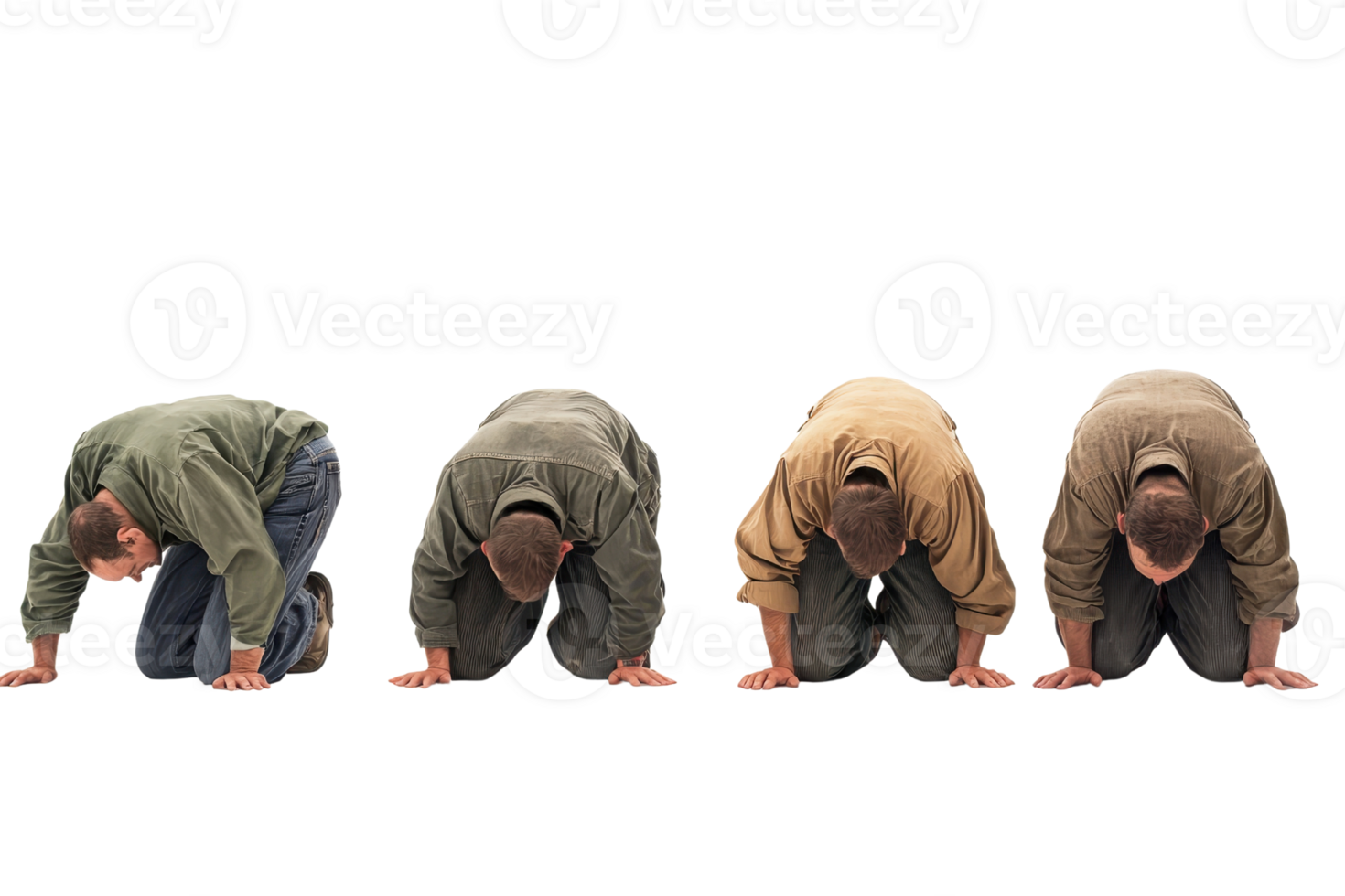 Series of four men bowing in prayer, wearing casual clothing. Isolated on transparent background. Depicts devotion and respect. png