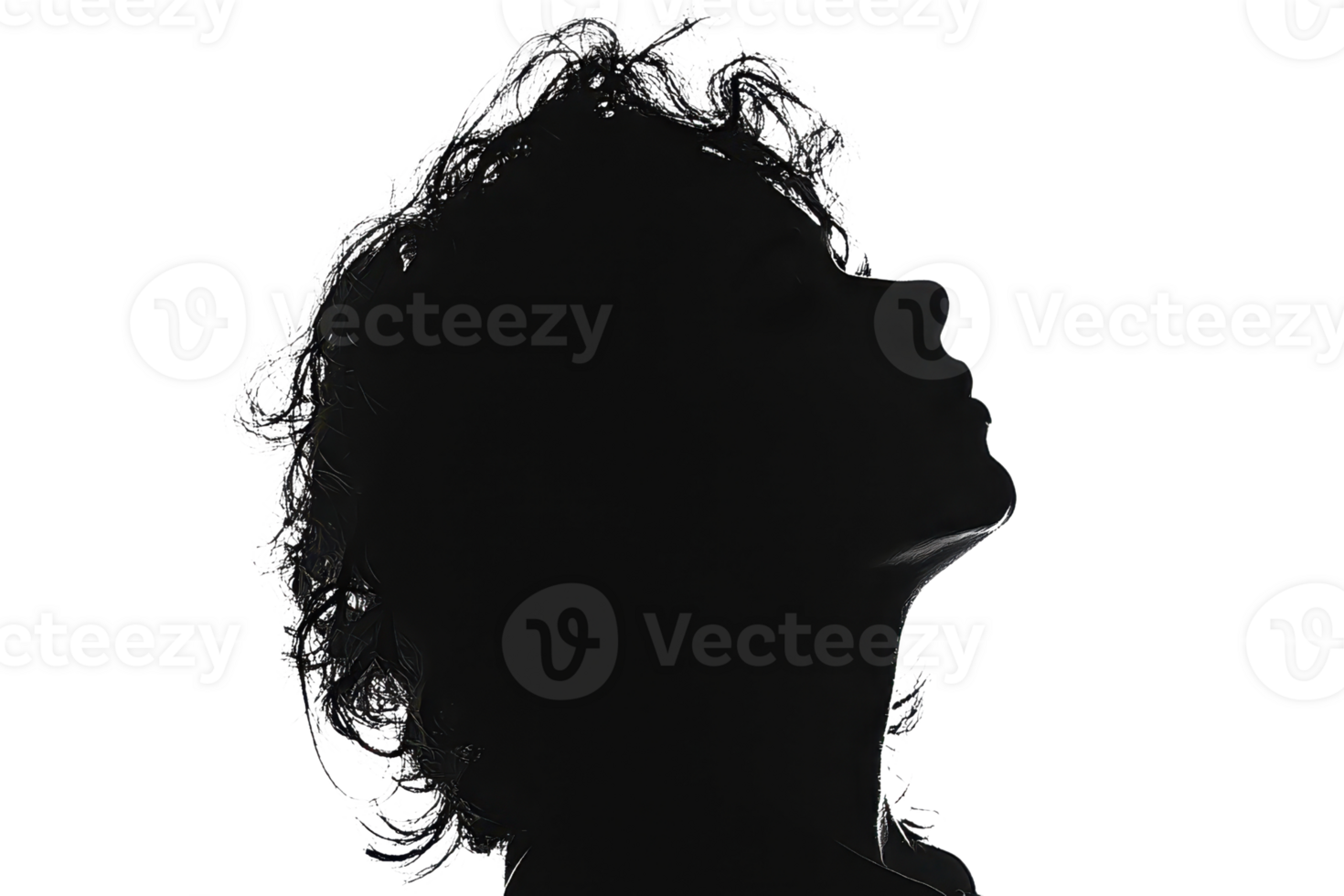Silhouette of a person with curly hair and head tilted upwards, isolated on a transparent background. Artistic and dramatic shadow effect. png