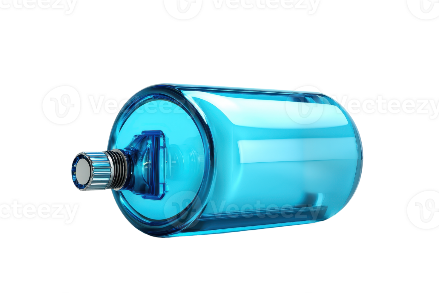 Close-up of a blue plastic water bottle with a screw cap, showcasing modern design and transparent body for fitness or travel purposes. png