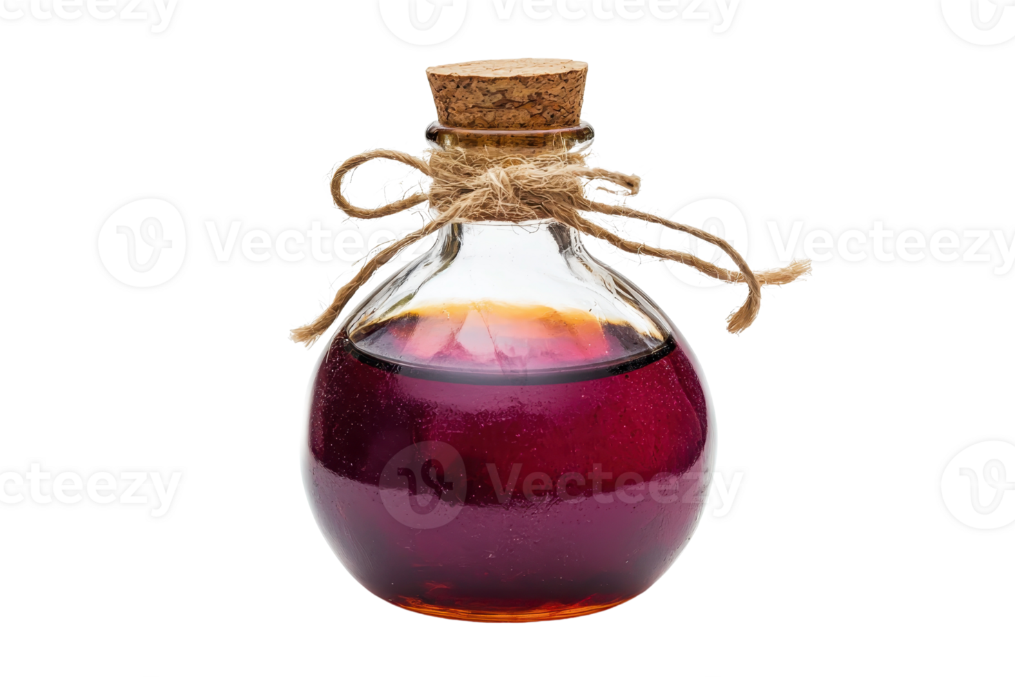 Round glass bottle with cork stopper and tied string, filled with dark red liquid. Isolated on transparent background. png