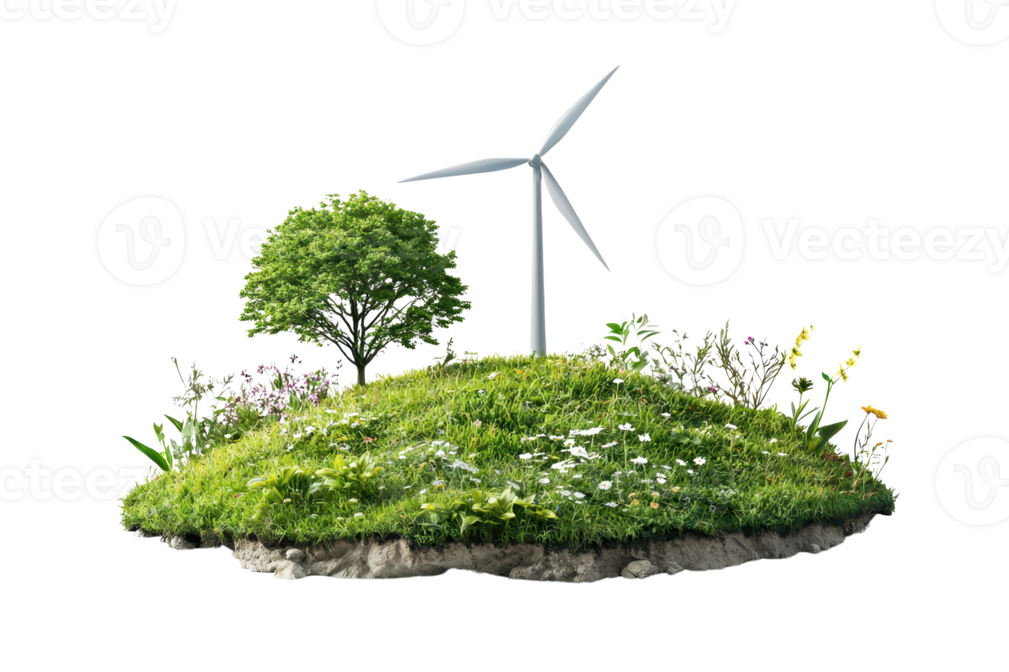 Green energy concept with wind turbine on grassy hill, surrounded by flowers and tree, isolated on transparent background. png