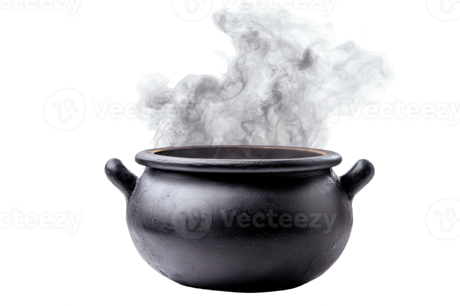 Black cast iron pot with steam rising, isolated on transparent background. Perfect for cooking, food, rustic kitchen, and culinary themes. png