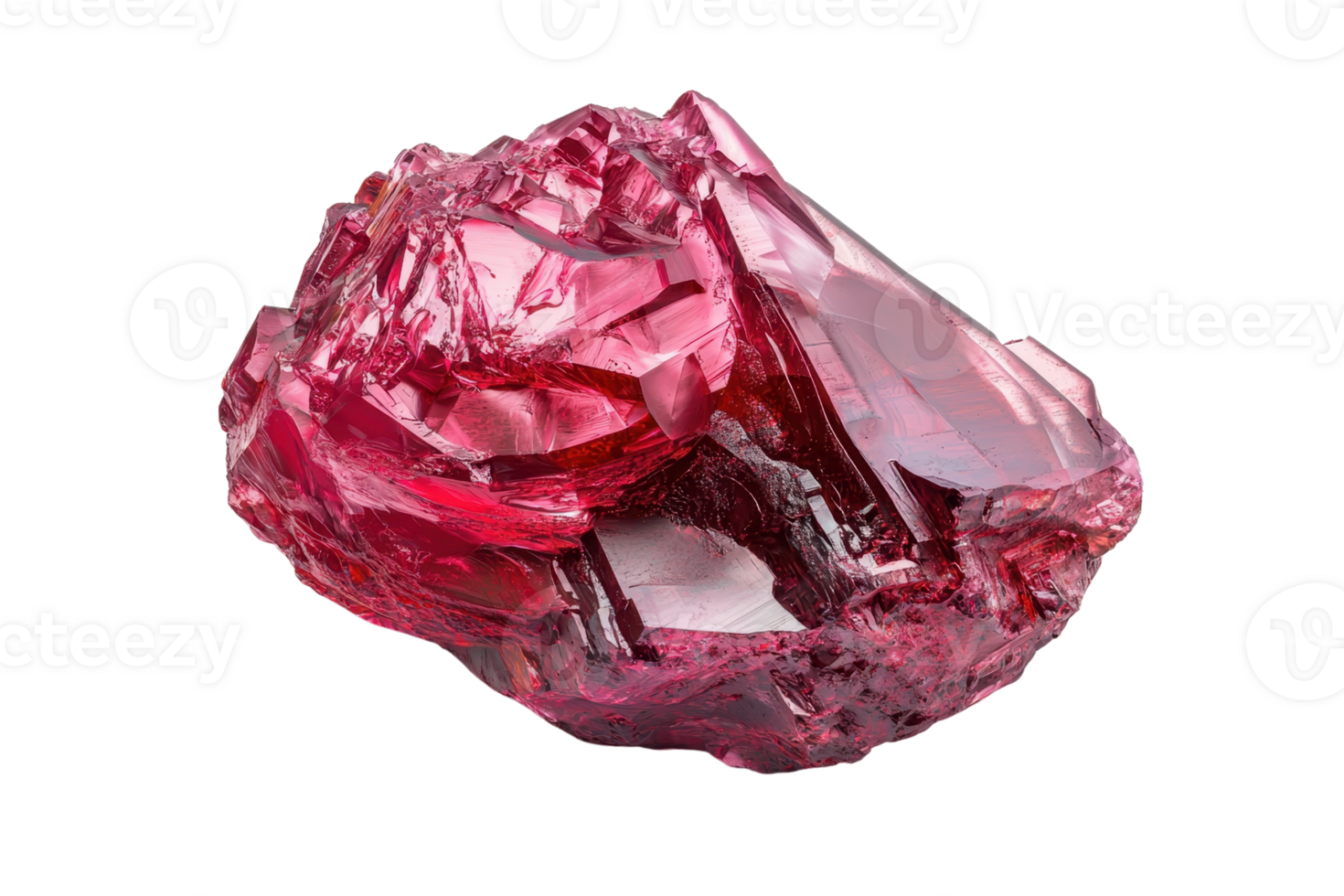 High-quality stock photo of a vibrant red ruby gemstone with intricate, natural facets, isolated on a transparent background. png