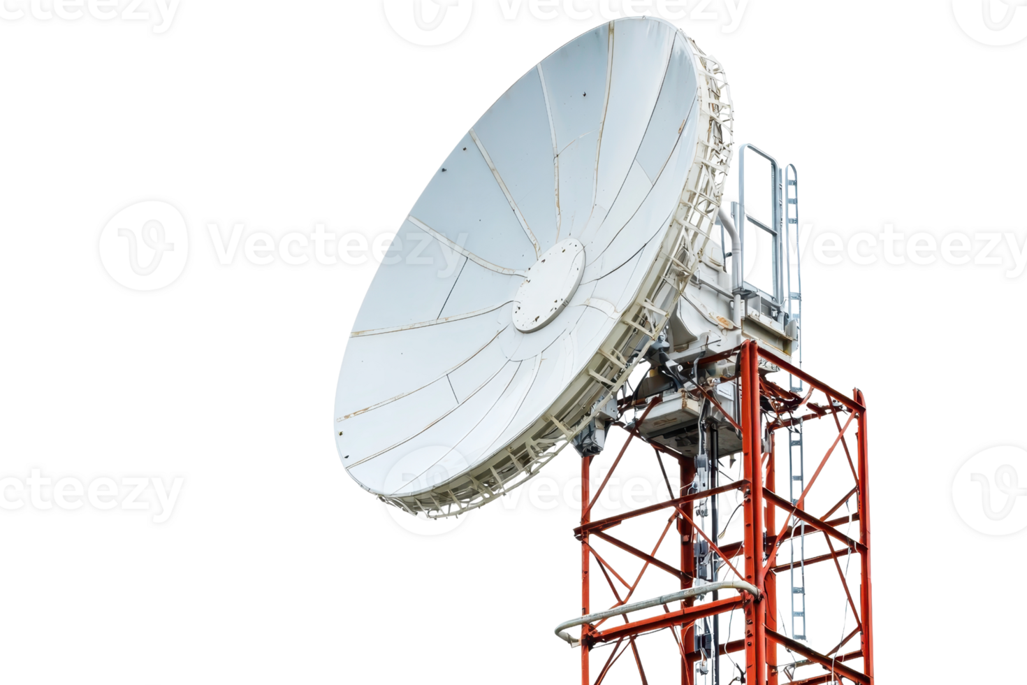 Large white satellite dish antenna on a red and white tower isolated on transparent background. perfect for communication and technology themes. png