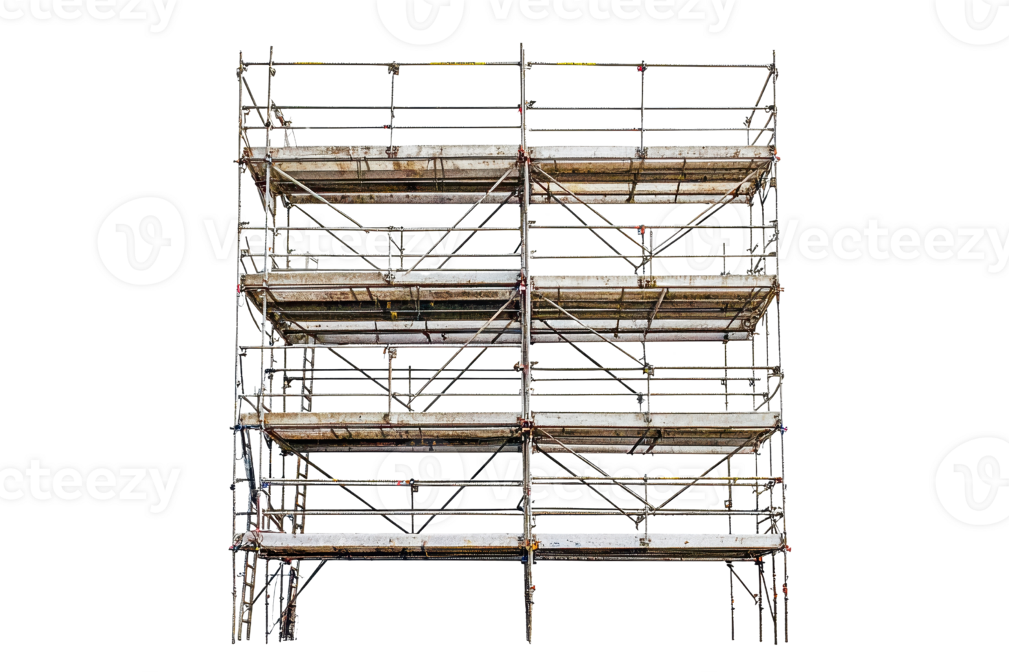Image of a sturdy metal scaffolding structure used in construction, isolated on a transparent background. showing multiple levels and cross supports. png