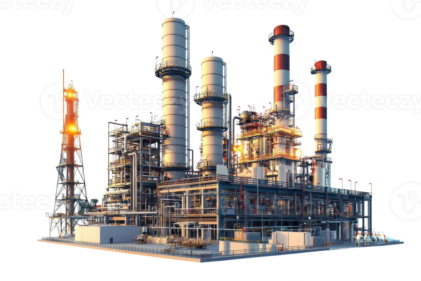 Industrial power plant with multiple chimneys against a transparent background. showcasing modern energy production and industrial architecture. png