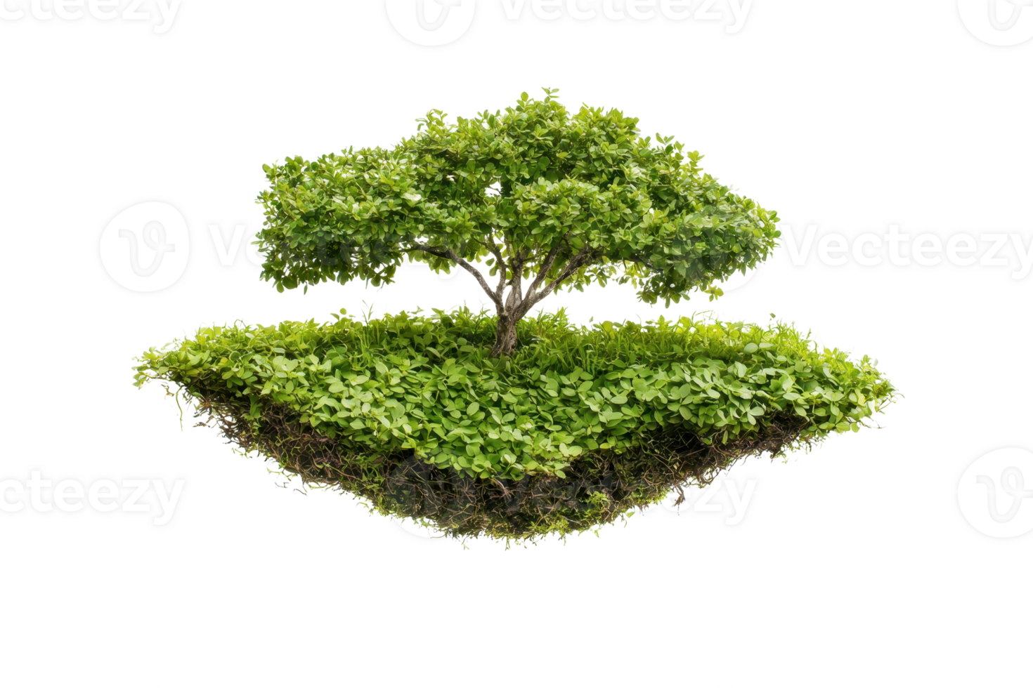 Isolated tree with green foliage on a floating island of grass and soil, symbolizing nature and environmental conservation. png