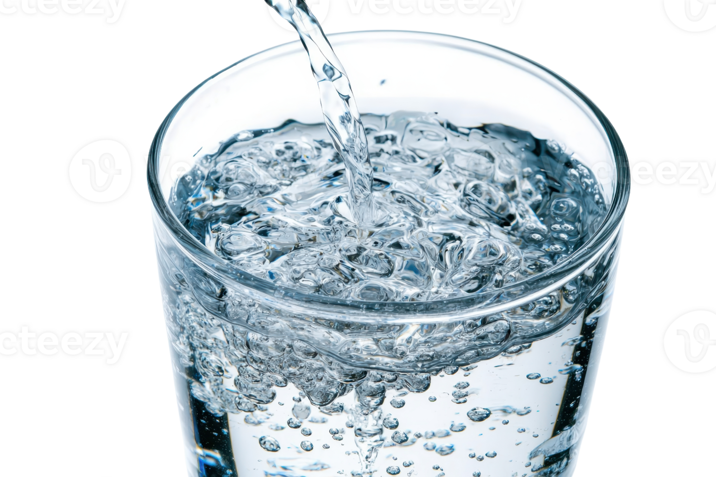 Close-up of fresh, clear water being poured into a glass, creating bubbles and showing purity and refreshment. png