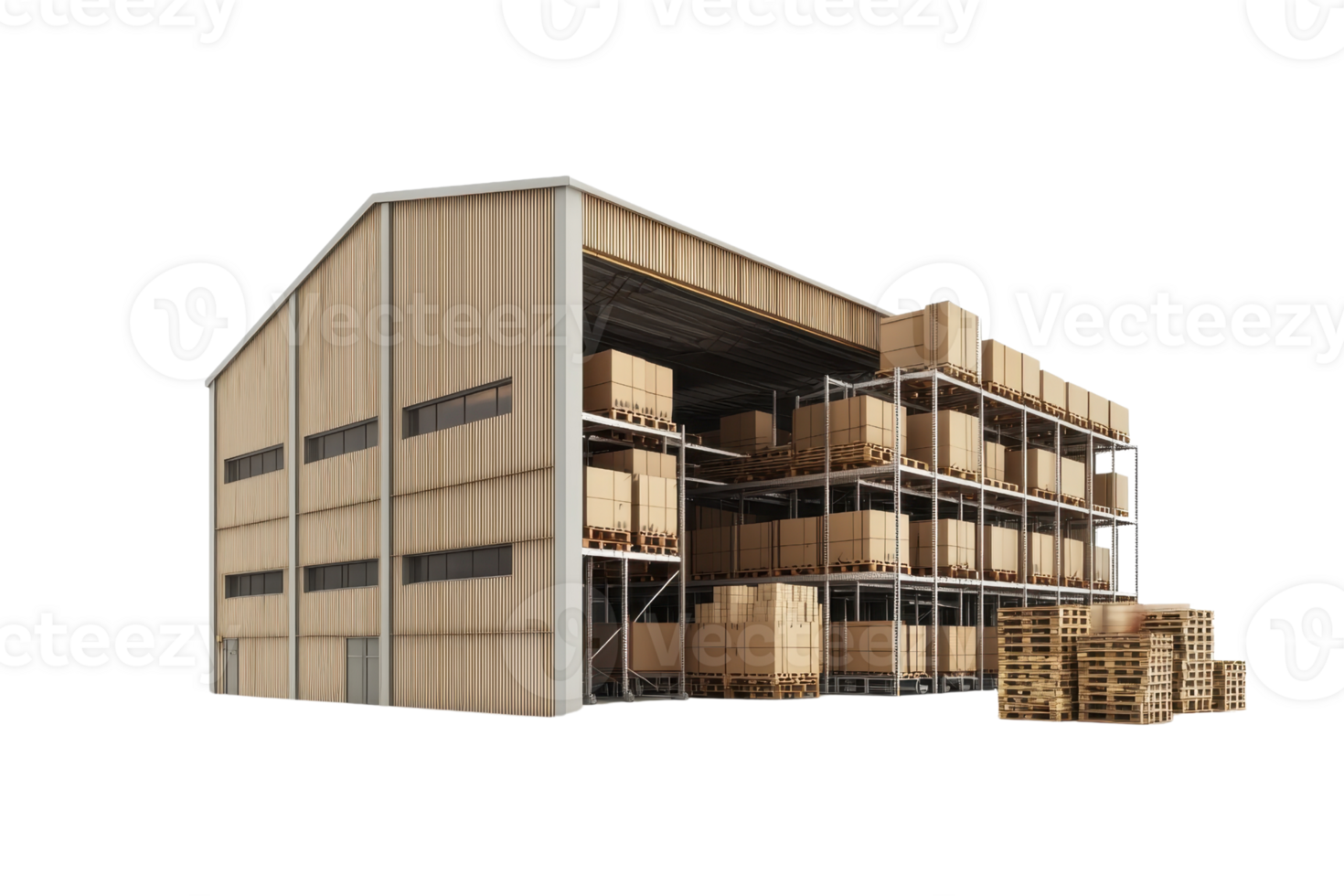 Large warehouse with industrial storage racks filled with wooden crates and pallets. Isolated on transparent background. png