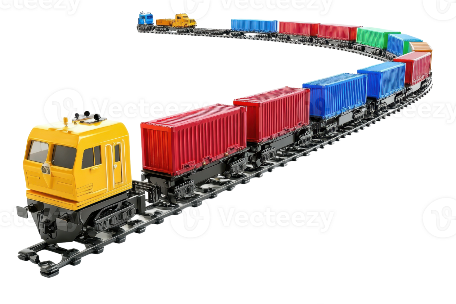 Colorful toy train set with multiple carriages carrying containers, isolated on transparent background. ideal for transportation or toy concepts. png