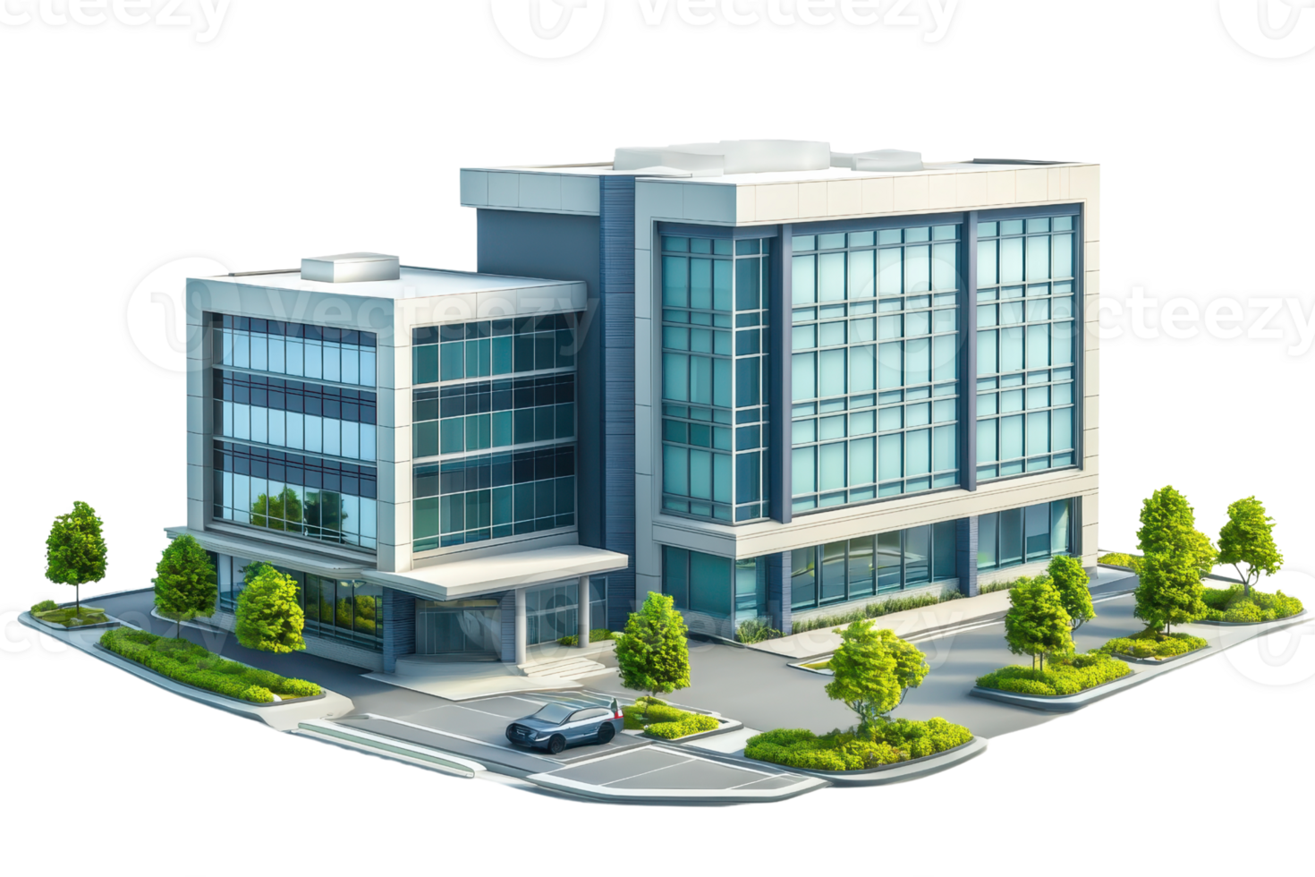 Modern office building with glass windows, surrounded by greenery and parked car, isolated on transparent background. png