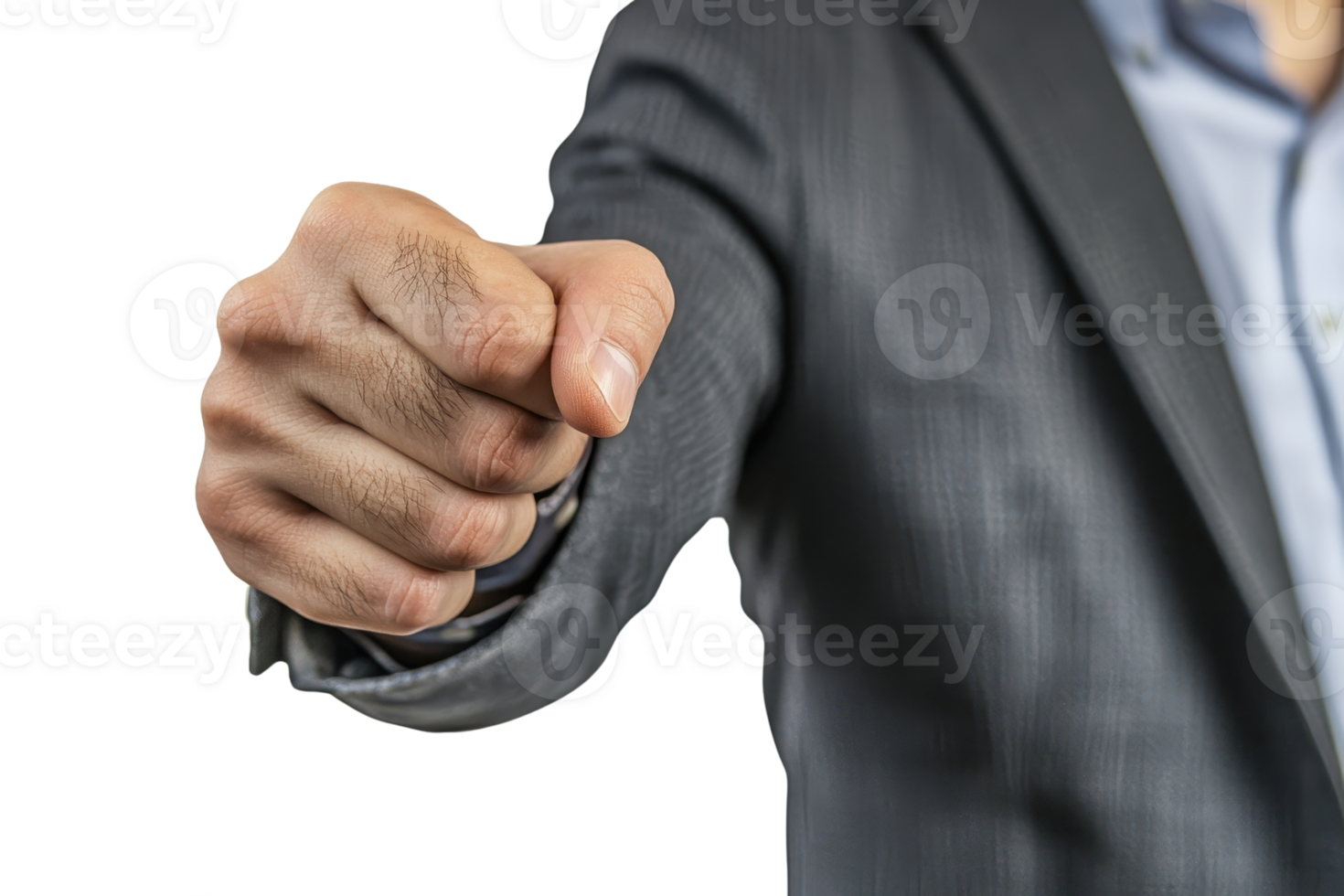 Close-up of a businessman's hand pointing forward, wearing a gray suit, on a transparent background. Emphasizing direction and focus in business. png
