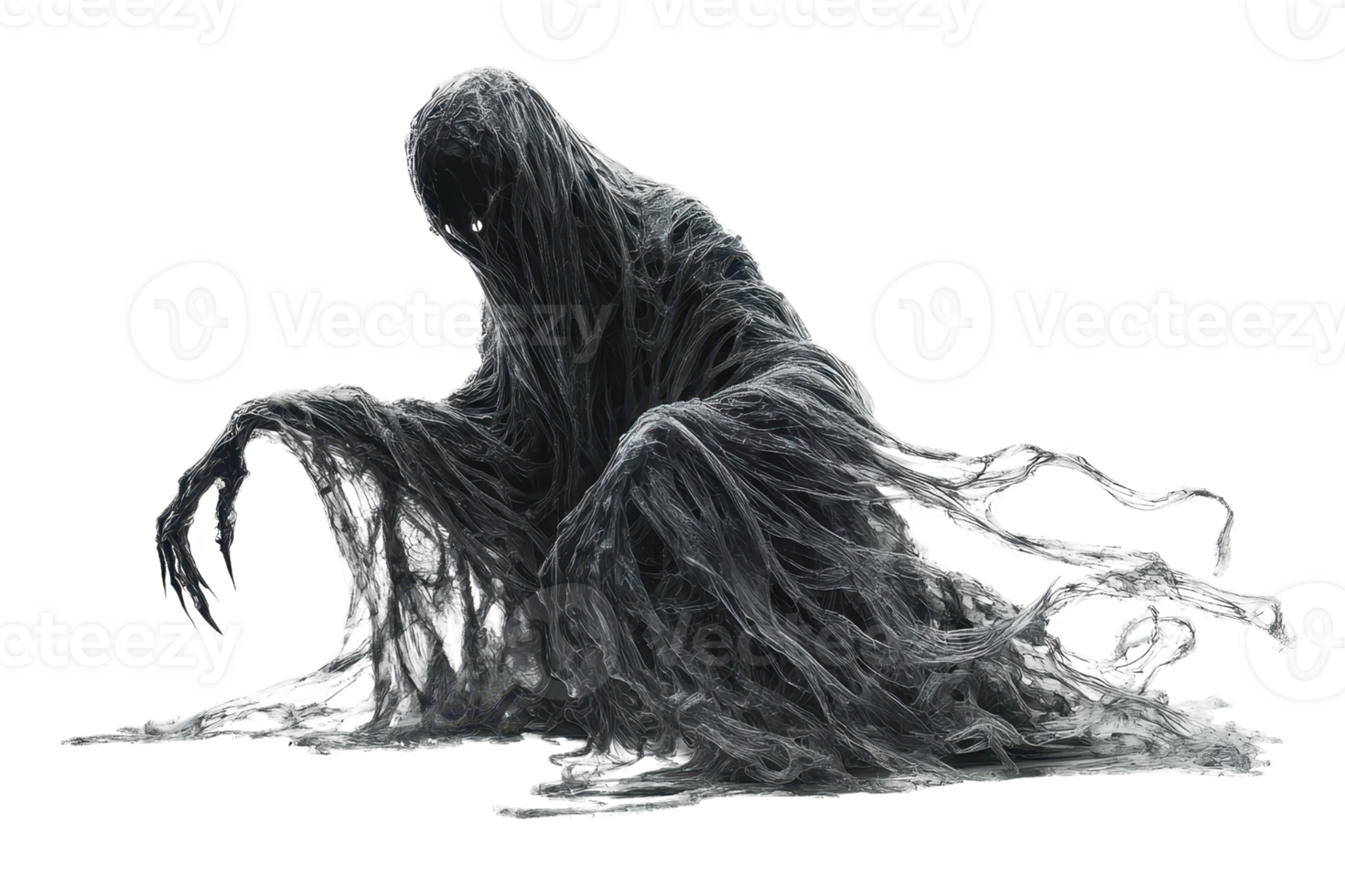 Mysterious dark figure with tattered cloak, creating a spooky atmosphere, perfect for Halloween or horror themes in stock photography. png