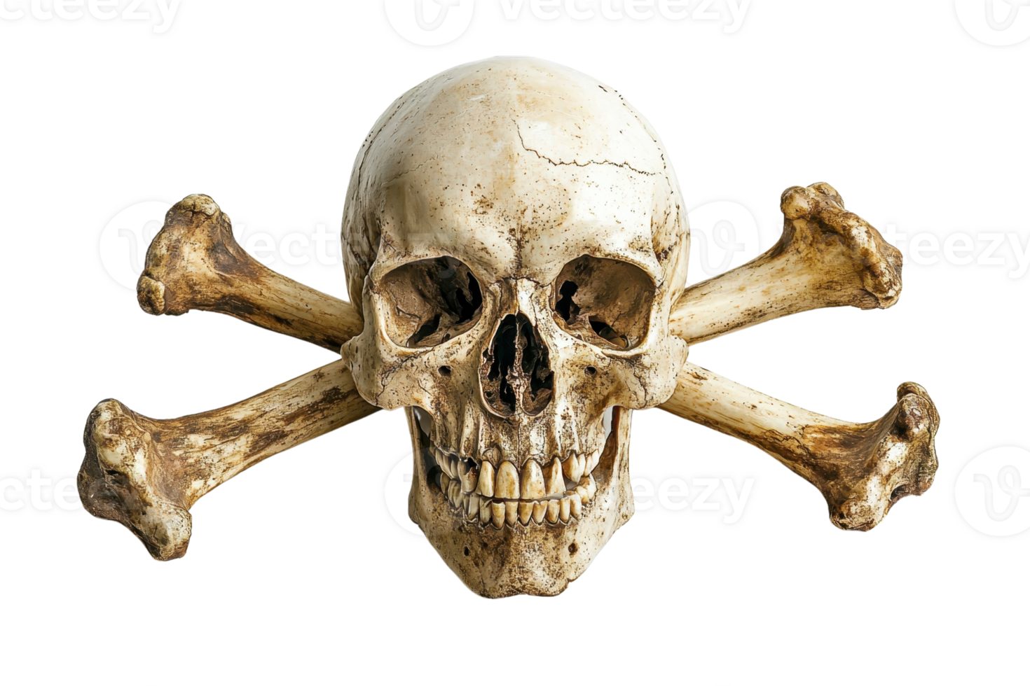 Realistic skull and crossbones, symbolizing danger, death, or piracy. Perfect for Halloween, horror themes, and graphic design projects. png