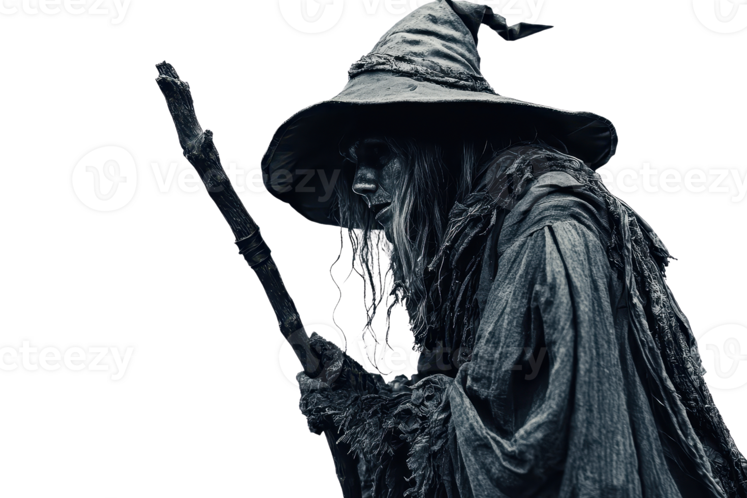 Mystical wizard with a wooden staff, wearing ragged robes and a pointed hat, embodies fantasy magic in this evocative, dark-themed stock photo. png