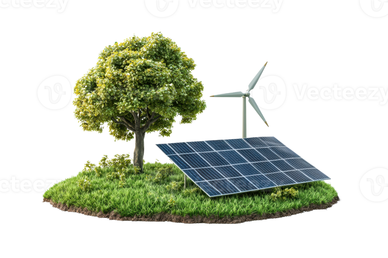 Renewable energy concept with solar panel, wind turbine, and tree symbolizing sustainability and eco-friendly technology. png