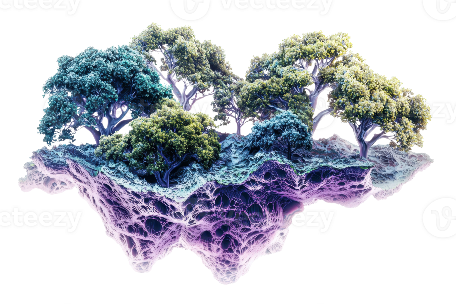 Mystical floating island with colorful trees and complex root system suspended in air, fantasy art concept background. png