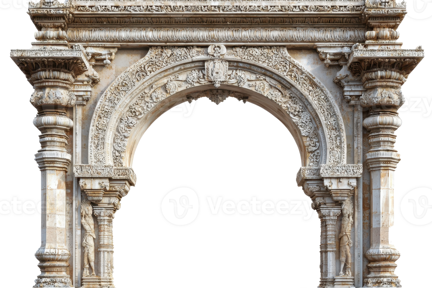 Ornate stone archway with intricate engravings and columns, isolated on a transparent background. Perfect for historical and architectural themes. png