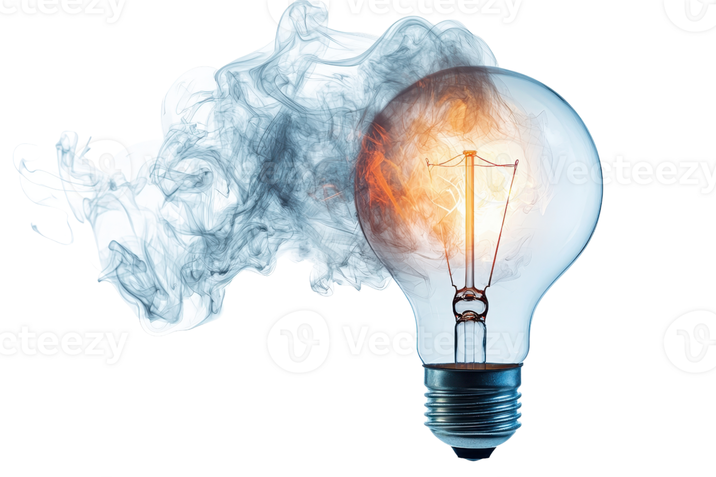 Illuminated light bulb with glowing filament and trailing smoke, symbolizing innovation, creativity, and ideas on a transparent background. png