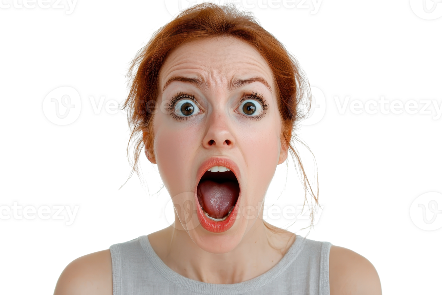 Surprised woman with wide eyes and open mouth. Shocked facial expression isolated on transparent background. png