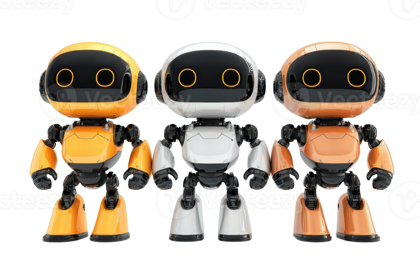 Three cute colored robots standing together on a transparent background. showcasing vibrant designs and friendly expressions. png
