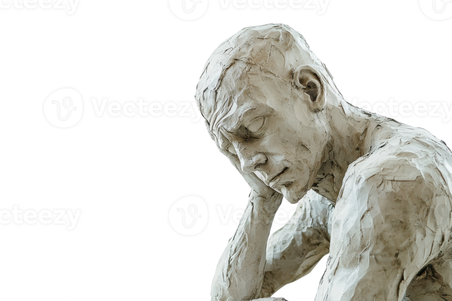 Thoughtful plaster sculpture of a seated man, introspective pose, with clear detailing, isolated on transparent background. for art and design uses. png