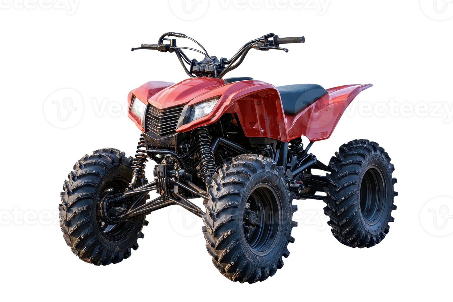 Red all-terrain vehicle ATV with large tires designed for off-road adventures, isolated on transparent background. png
