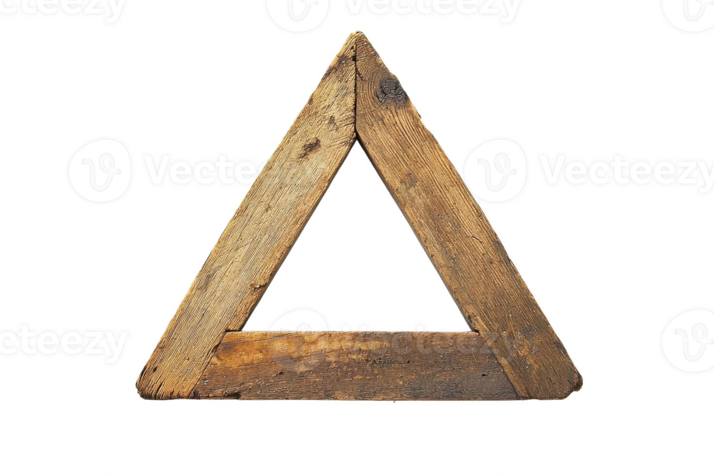 Rustic wooden triangle shape isolated on transparent background. Natural texture, geometric form, and wooden decor element for creative designs. png
