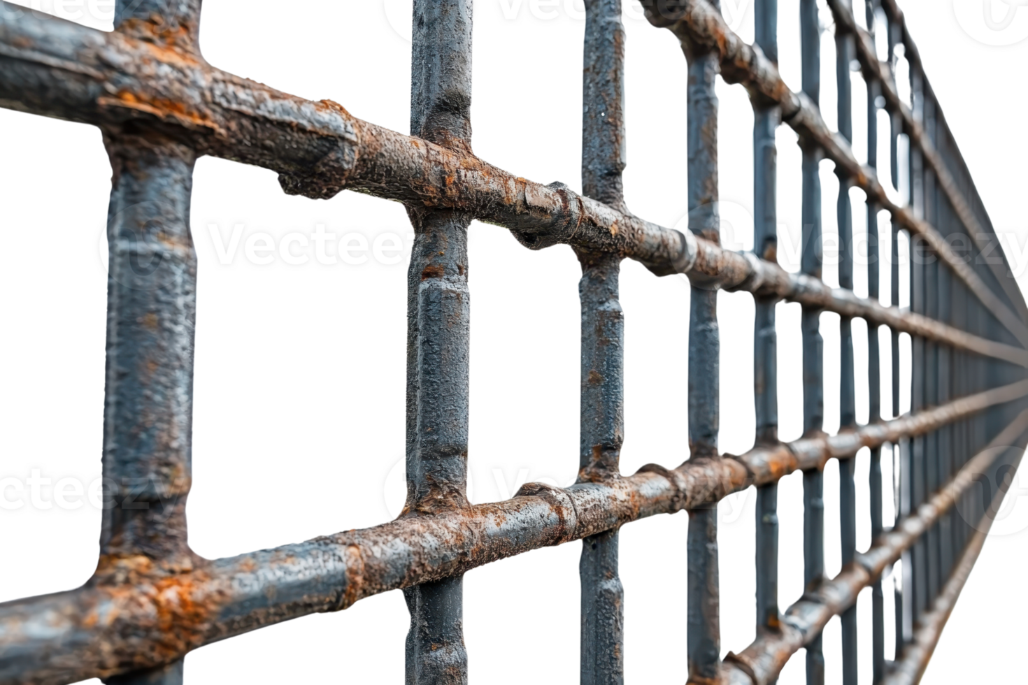 Rusty iron bars on a prison gate, symbolizing confinement and security, with a close-up perspective, showing decay and strength simultaneously. png