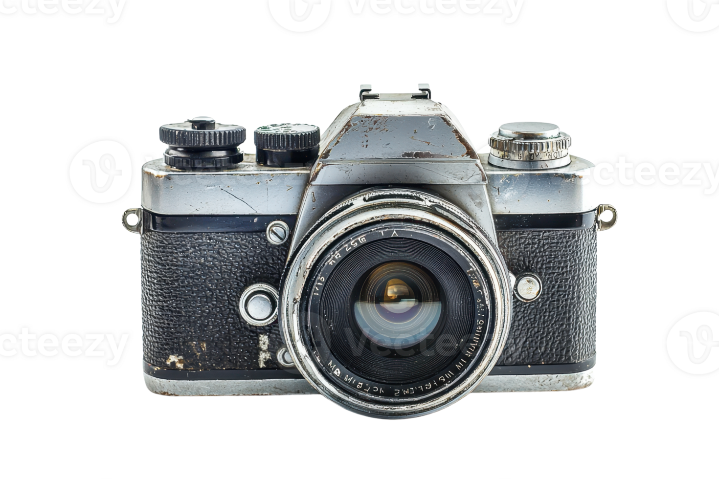 Vintage black and silver retro-style film camera isolated on transparent background. Classic analog camera for photographers and collectors. png
