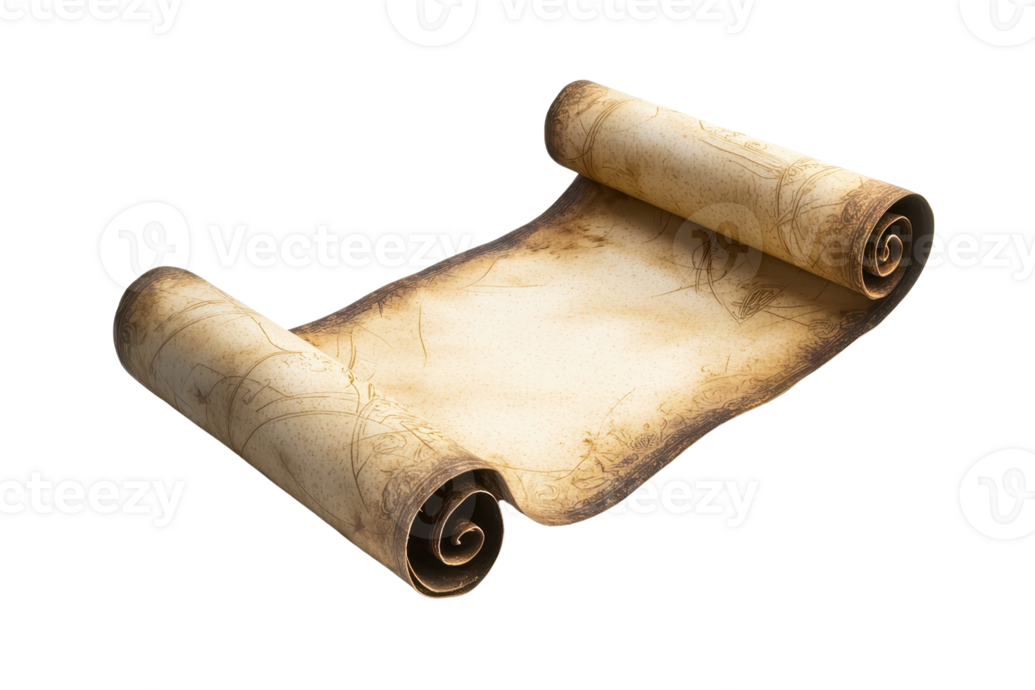 Old parchment paper scroll isolated on transparent background. Antique document or manuscript for historical context and vintage concepts. png