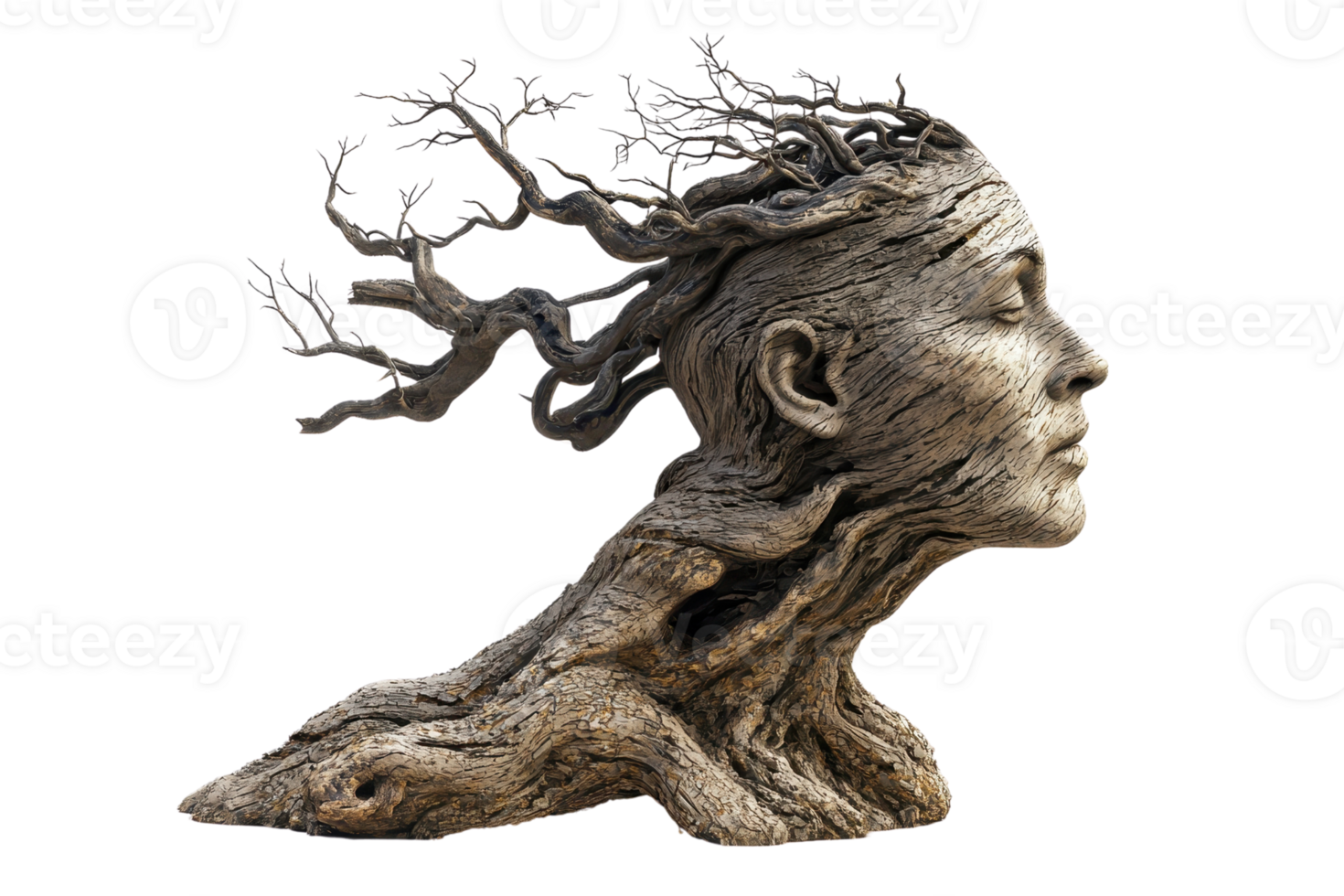 Surreal sculpture of a human head transitioning into tree roots, capturing the harmony between nature and humanity. png