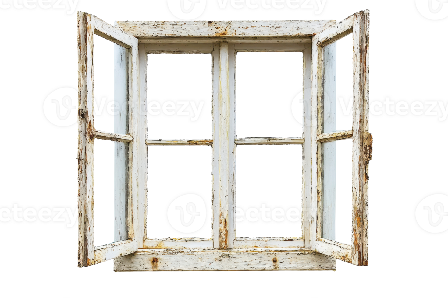 Vintage wooden window frame with open panes on isolated transparent background. showcasing rustic, aged charm for various design projects. png