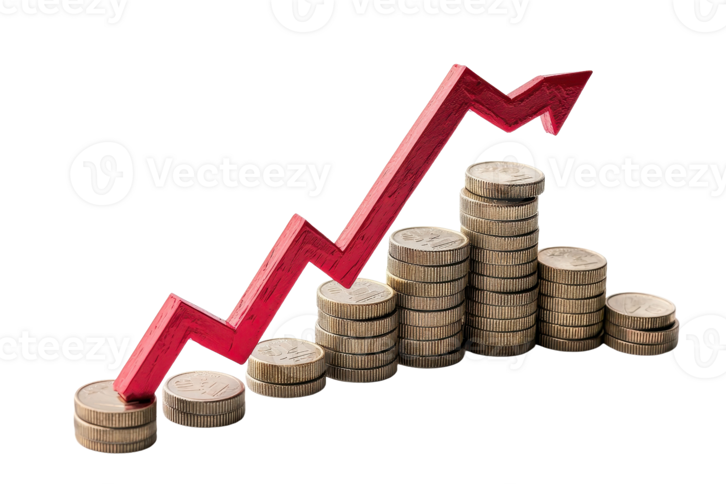 Stacked coins with ascending red arrow representing financial growth, investment success, and economic development. png