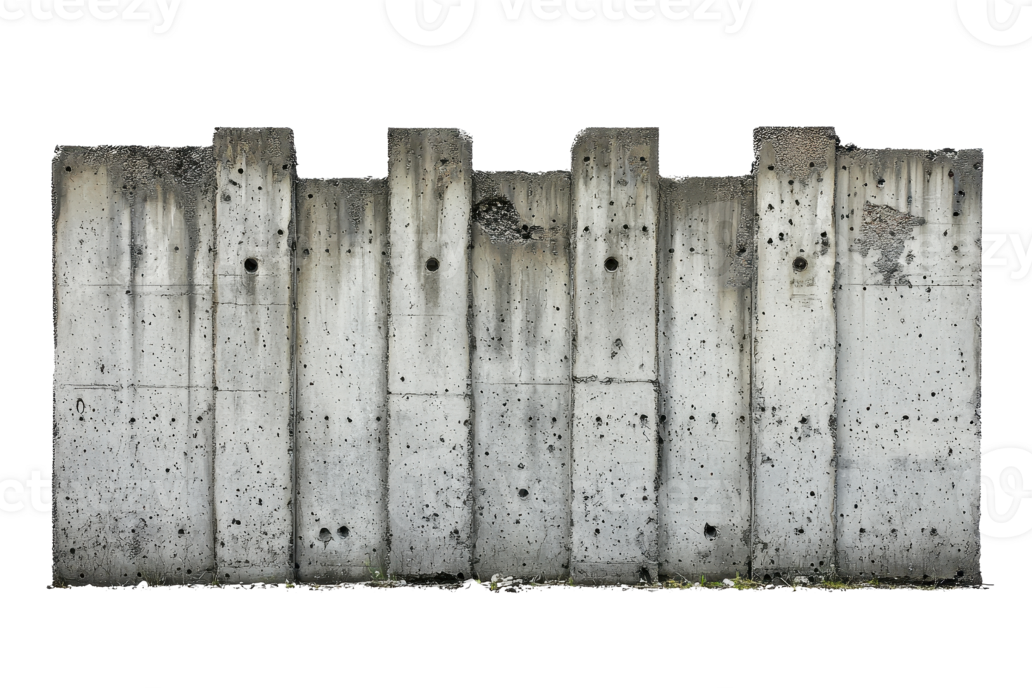 Weathered concrete wall with stains and holes, emphasizing texture and urban decay, isolated on a transparent background. png