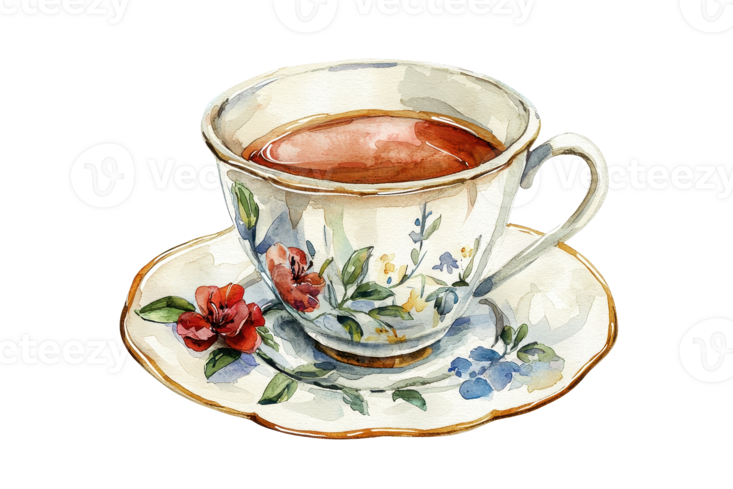 A beautifully illustrated tea cup and saucer with floral patterns, filled with warm, inviting tea. Perfect for a cozy tea time setting. png