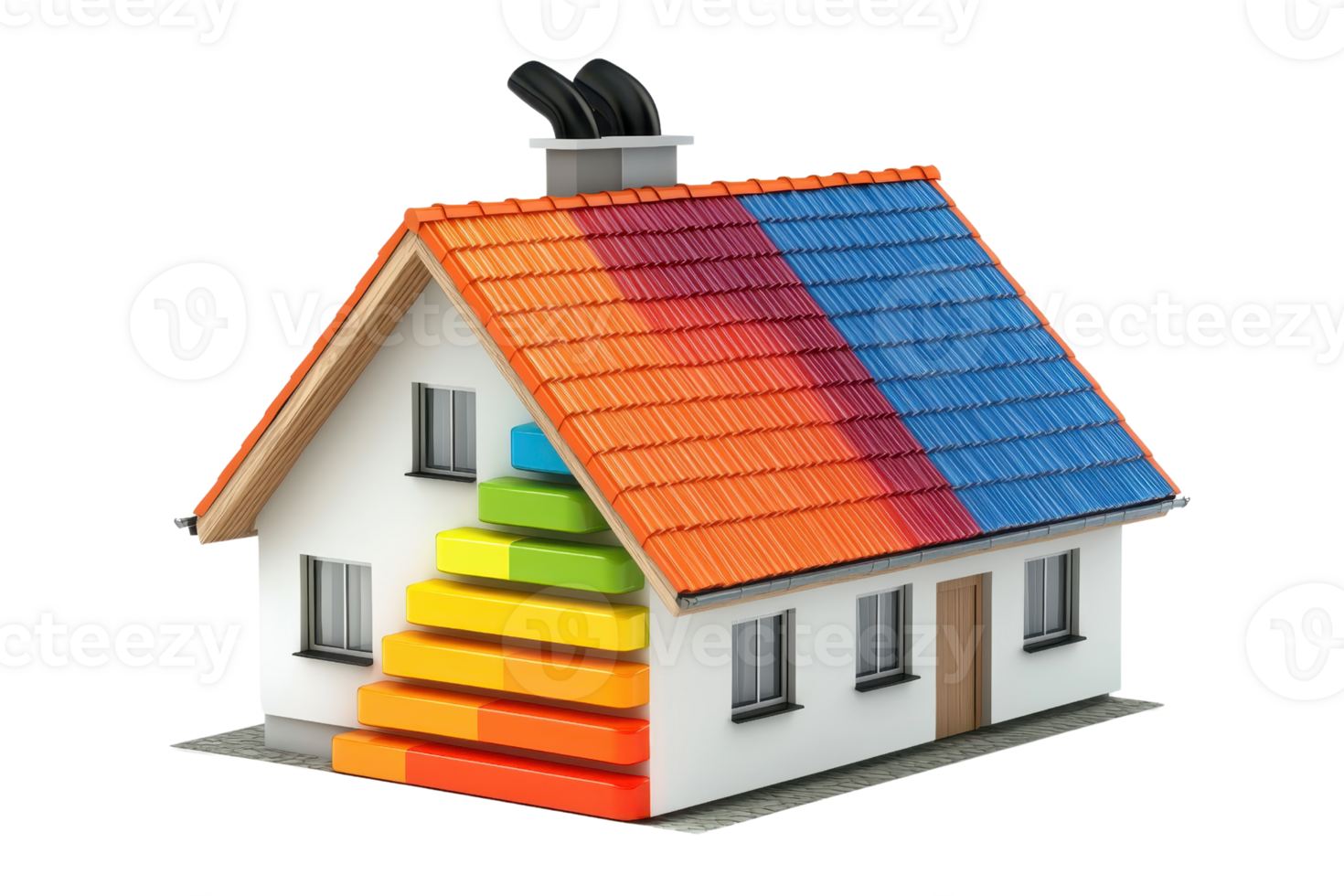3D model of a house with energy efficiency chart on the side and colorful roof, representing sustainable and eco-friendly living. png