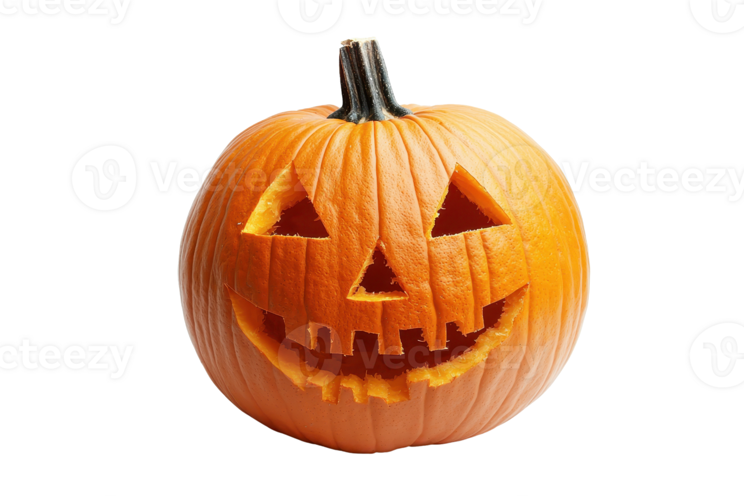 A carved pumpkin with a lit, smiling face perfect for Halloween decoration. Bright orange with triangular eyes and a toothy grin against a transparent background. png